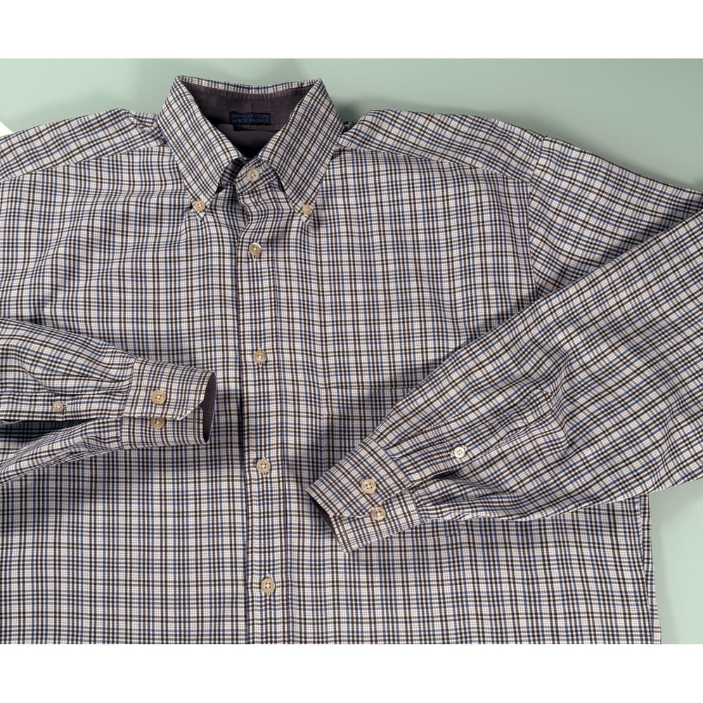 Enzo Mantovani Shirt Men's L Gray Check Plaid 100% Cotton Button Down Preppy